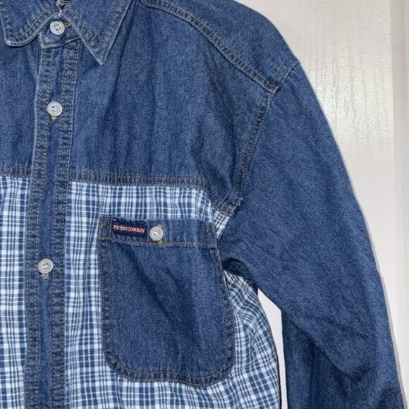 Western Cowboy Denim & Plaid Long Sleeve Shirt Size 18 - Picture 4 of 8